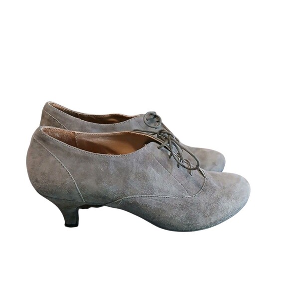 Andre' French Gray Suede Leather Sz 9 US Oxford Lace Heels Bootie Pump Dance - Picture 1 of 10